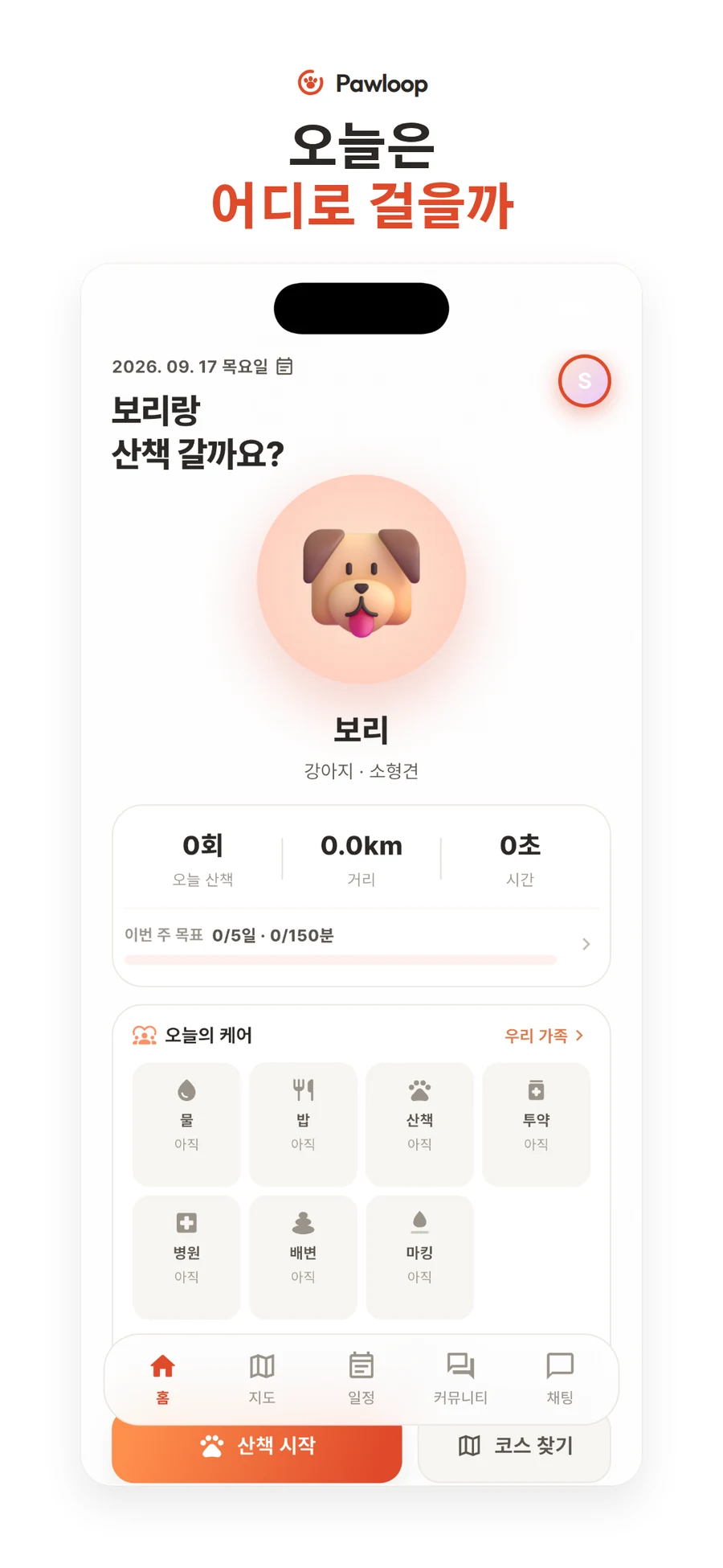 홈 화면: 반려견 프로필, 오늘 산책 횟수·거리·시간, 오늘의 케어 항목